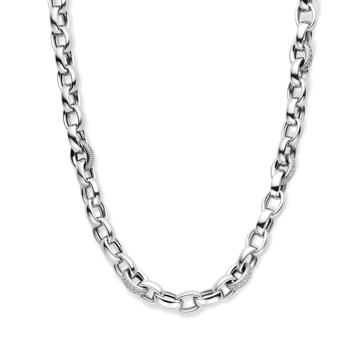 Zilveren jasseron schakelketting met zirkonia van 7.5 mm en 9 mm breed - Lengte 45 cm