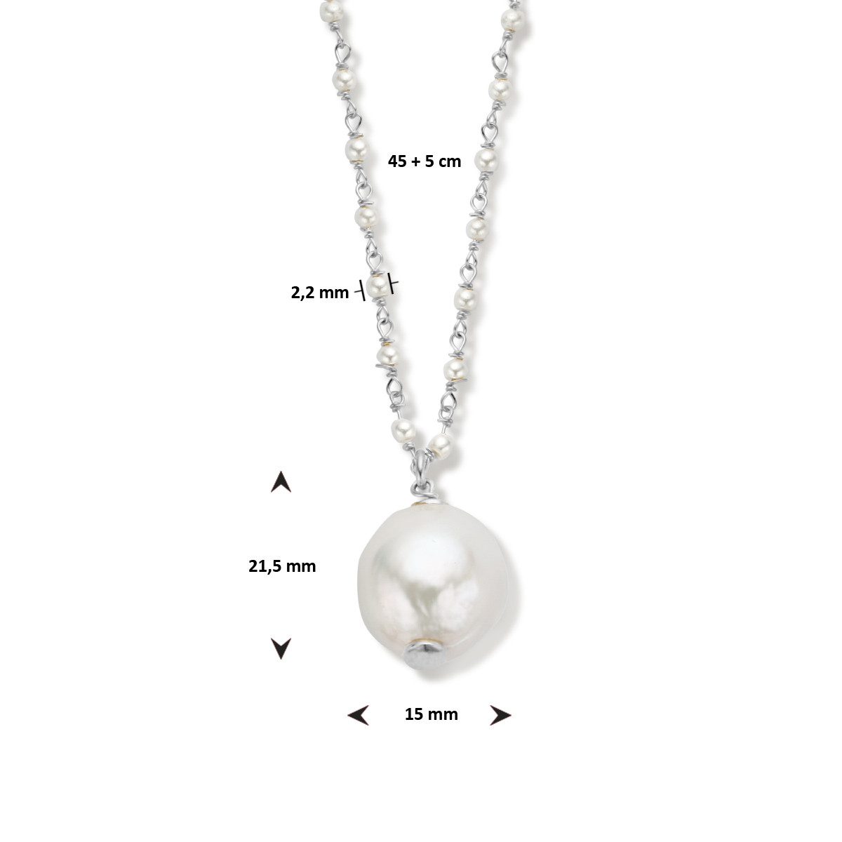 Zilveren ketting 925 met bolletjes en witte zoetwaterparels 2.2 mm breed - Lengte 45 cm-50 cm