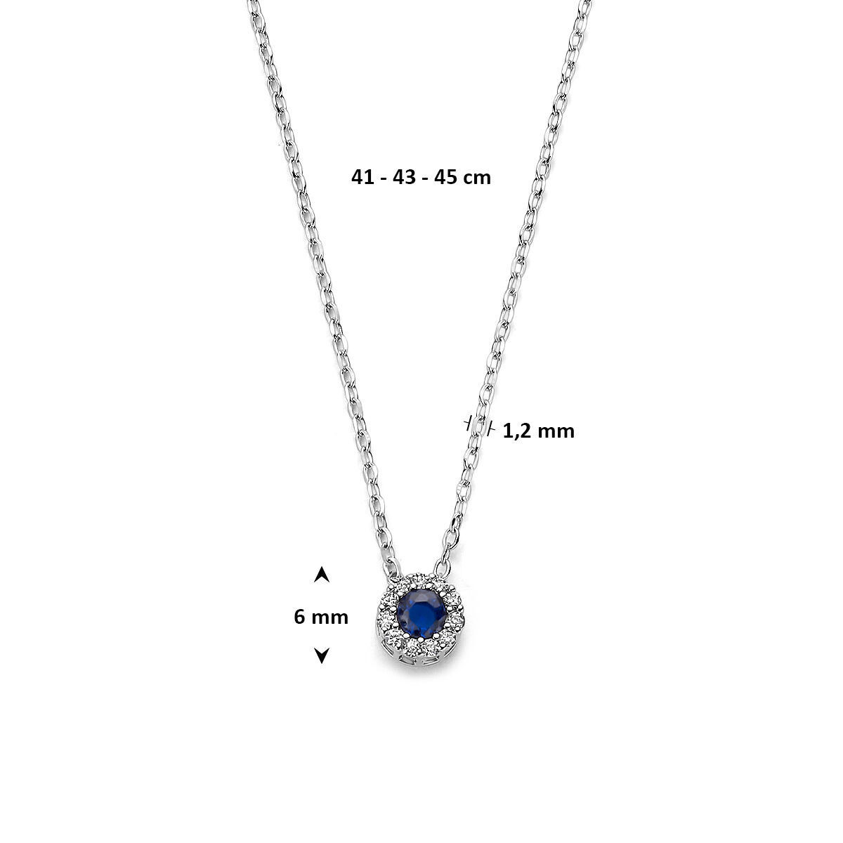 Zilveren ketting met blauwe ronde saffier en zirkonia hanger - Lengte 41-45 cm