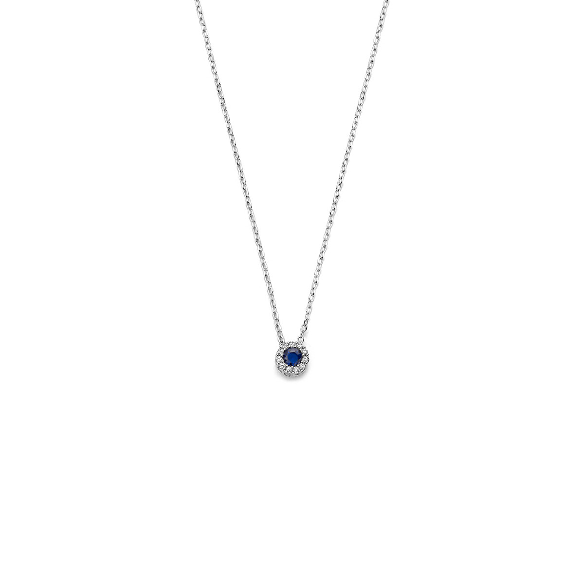 Zilveren ketting met blauwe ronde saffier en zirkonia hanger - Lengte 41-45 cm