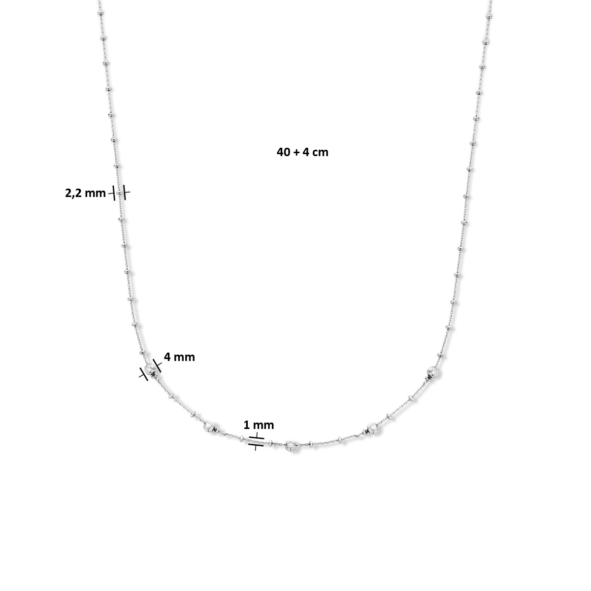 Zilveren ketting met bolletjes gediamanteerd 4 mm - Lengte 40 + 4 cm