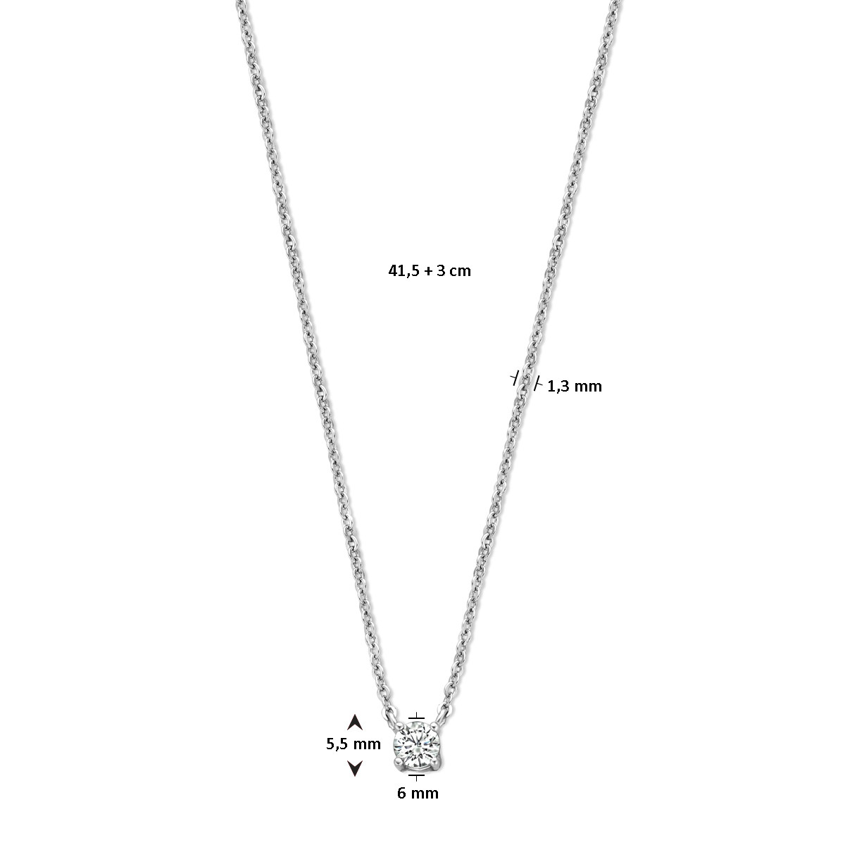 Zilveren ketting met briljant geslepen zirkonia hanger 1.3 mm breed - Lengte 41.5-43.5 cm