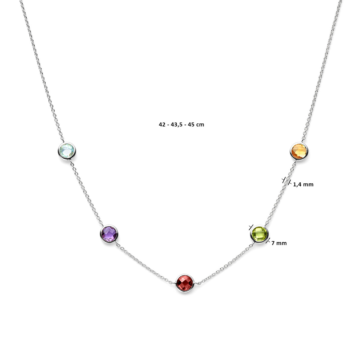 Zilveren ketting met edelstenen amethist, citrien, granaat, peridoot en topaas - Lengte 42-43.5-45 cm