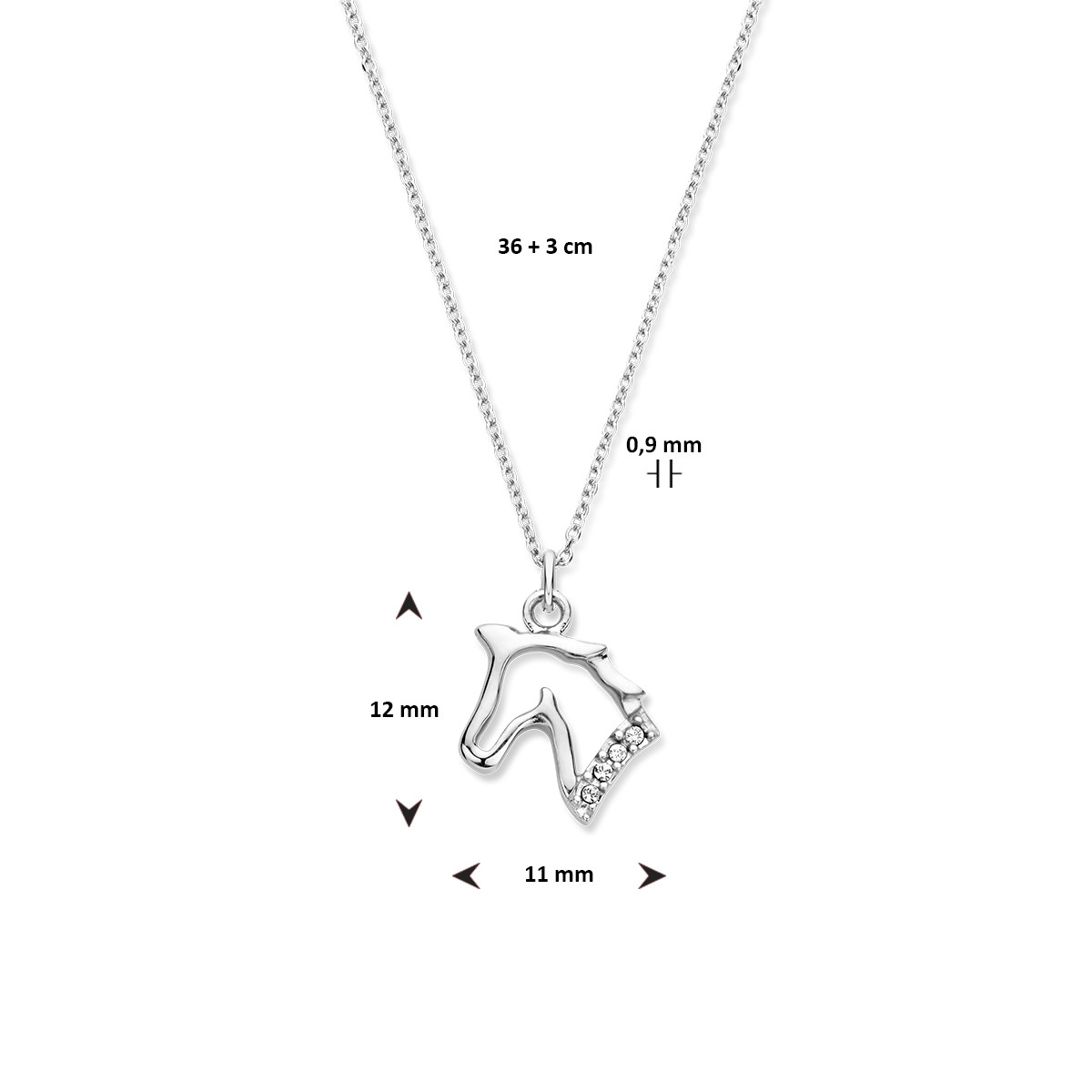 Zilveren ketting met een paarden hanger en zirkonia's - Lengte 36 + 3 cm