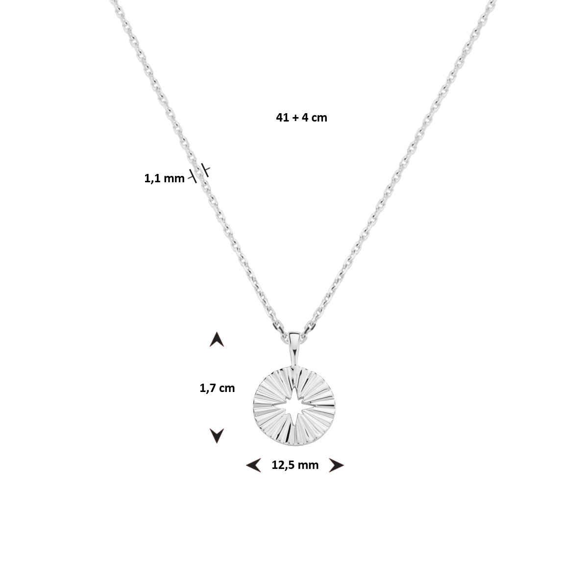 Zilveren ketting met gediamanteerd rondje en uitgesneden ster 1.1 mm breed - Lengte 41-45 cm