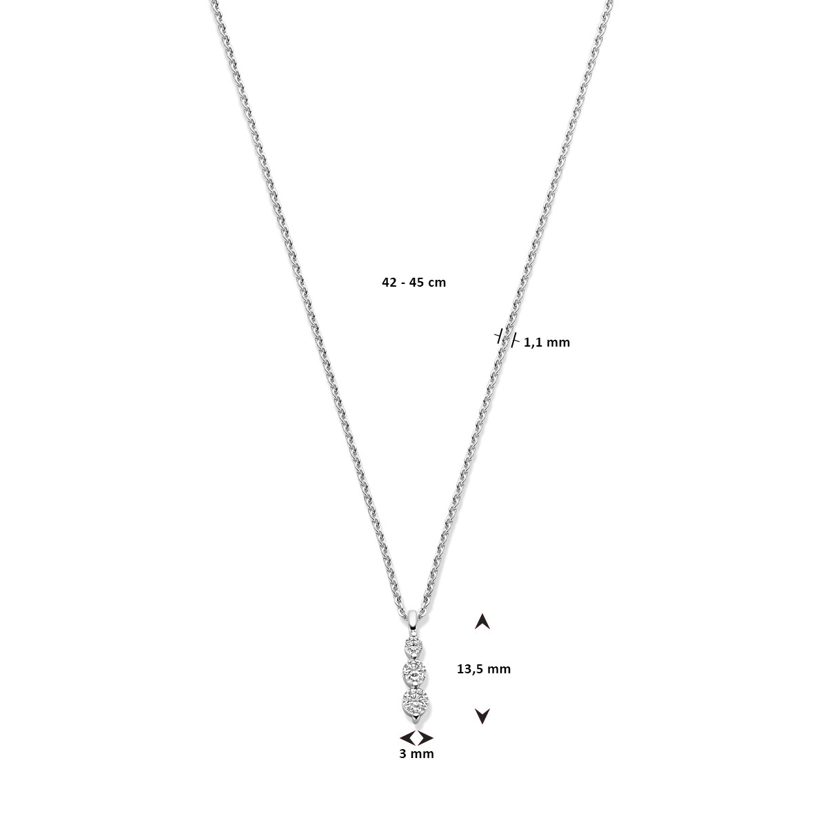 Zilveren ketting met gestapelde zirkonia's - Lengte 42, 45 cm