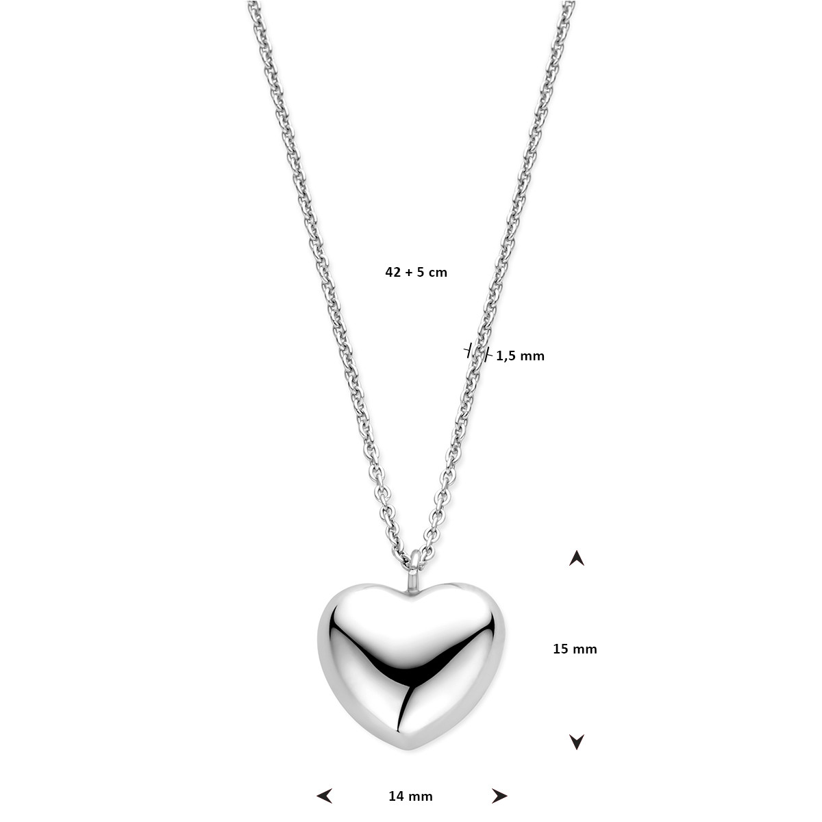 Zilveren ketting met glanzend hartje 13 mm x 14 mm - Lengte 42-47 cm
