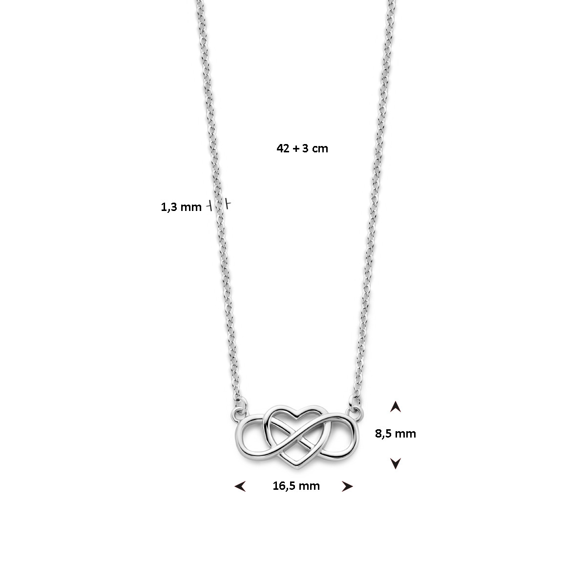 Zilveren ketting met hart en infinity hanger 1.3 mm breed - Lengte 42-45 cm