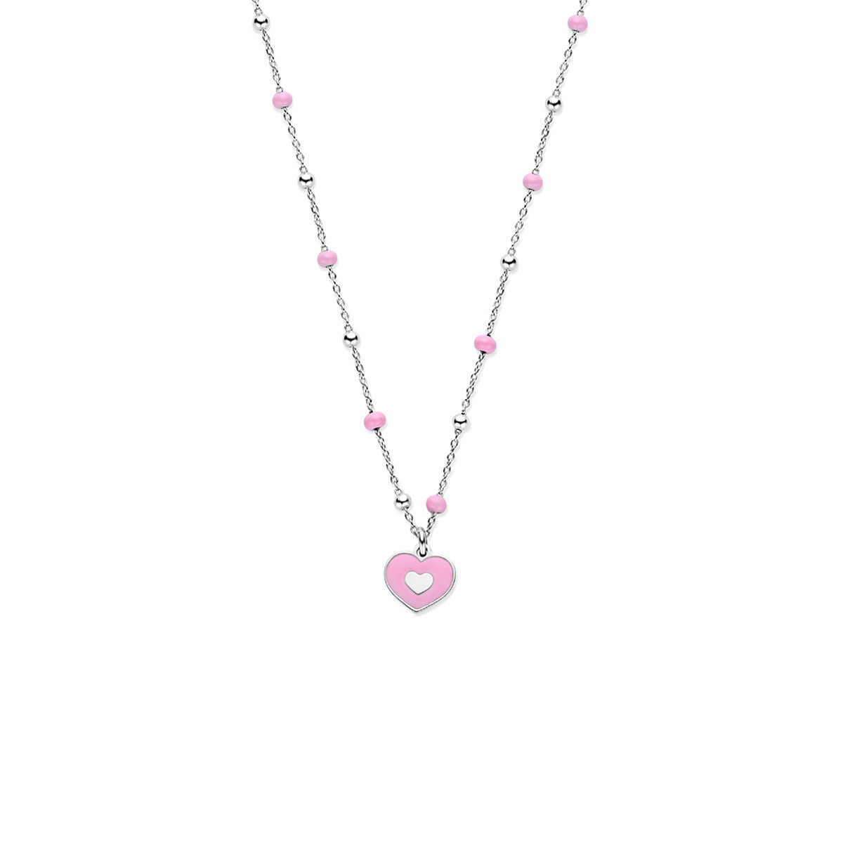 Zilveren ketting met hartjeshanger en roze kralen 0.9 mm breed - Lengte 36-40 cm