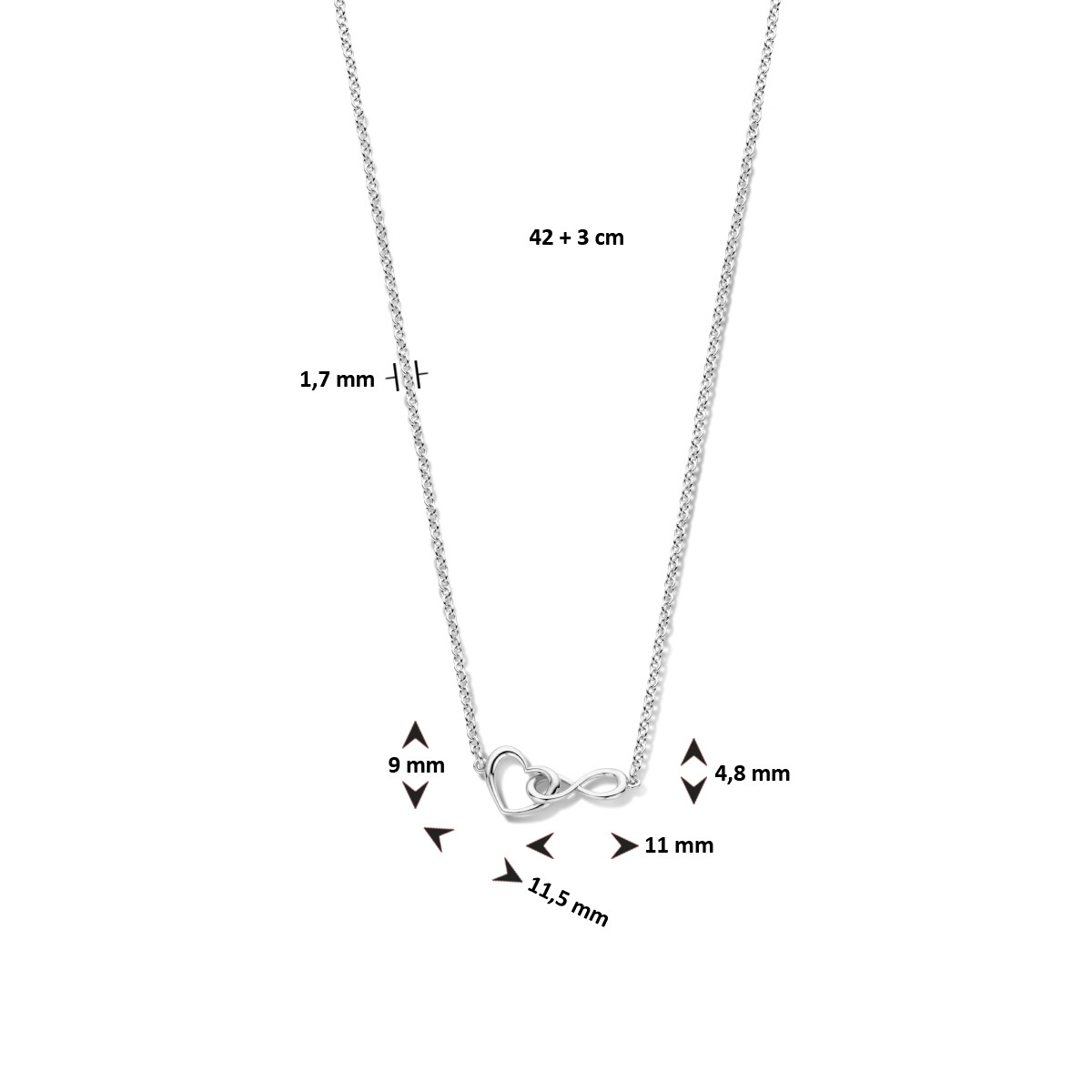 Zilveren ketting met open hartje en infinity - Lengte 42 + 3 cm