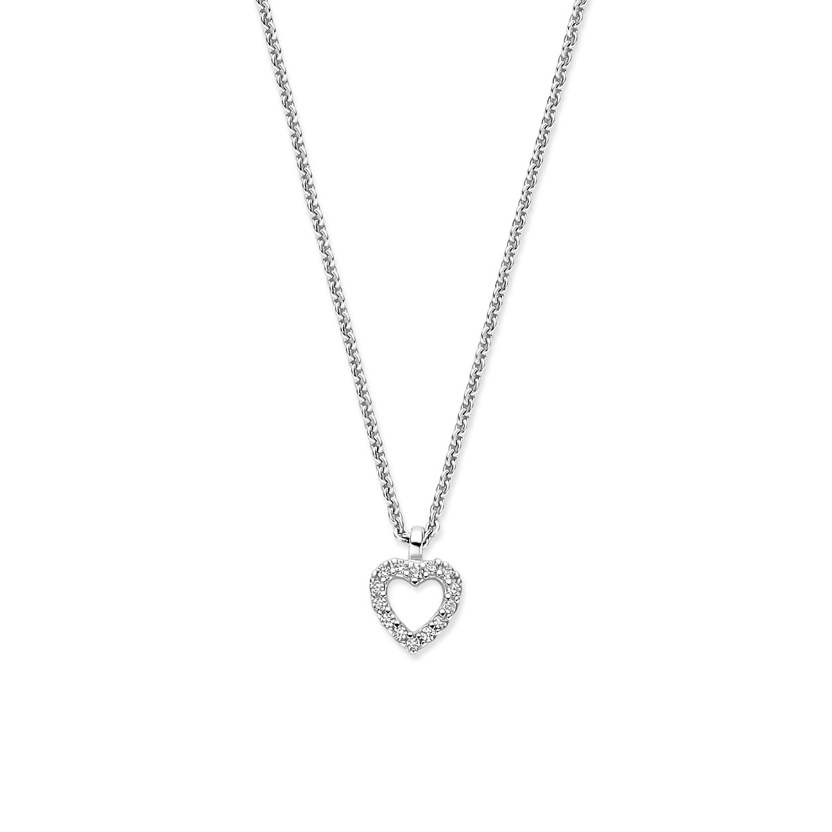 Zilveren ketting met open hartje van zirkonia stenen 1 mm breed - Lengte 41-43-45 cm