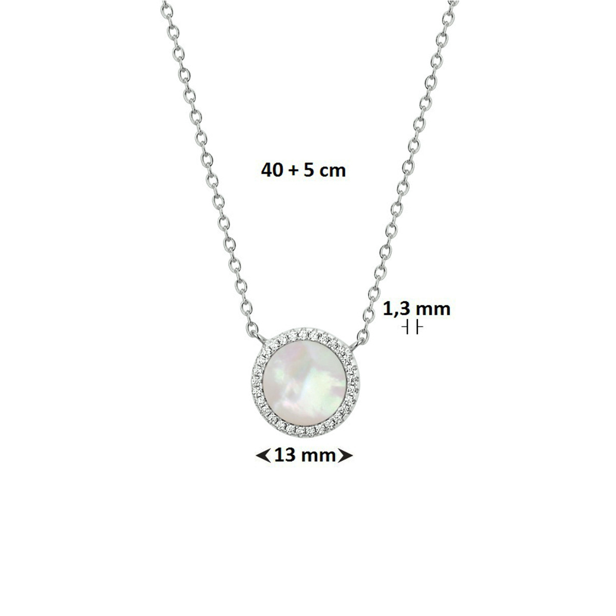 Zilveren ketting met parelmoer hanger en zirkonia rand 1.3 mm breed - Lengte 40-45 cm