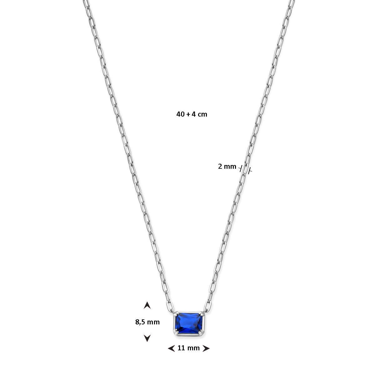 Zilveren ketting met rechthoekige blauwe zirkonia - Lengte 40-44 cm