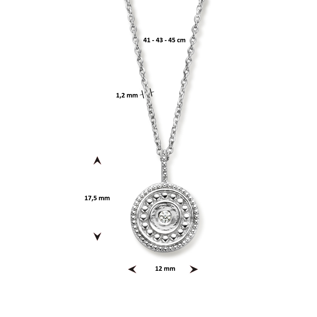 Zilveren ketting met ronde hanger en zirkonia - Lengte 41 - 43 - 45 cm