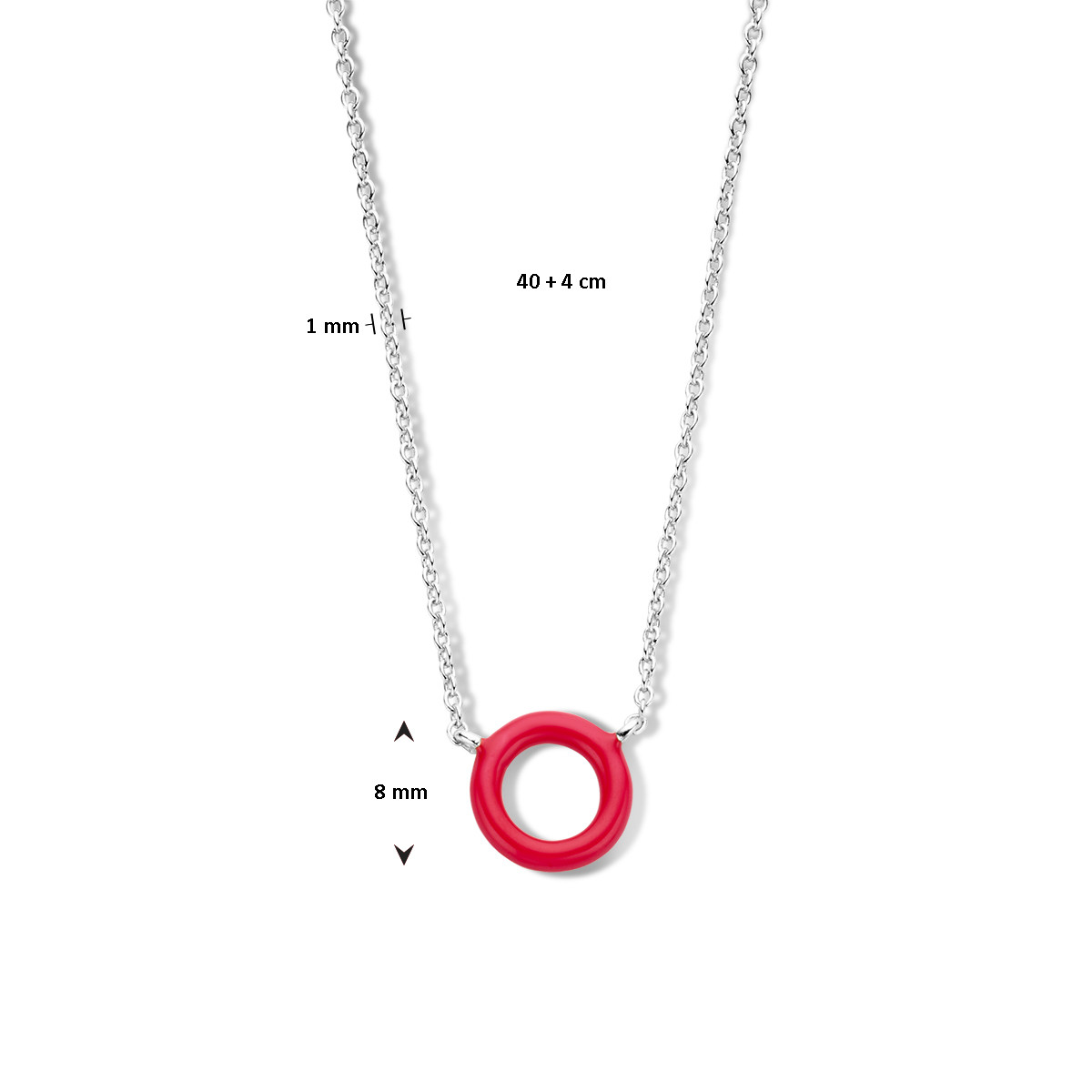 Zilveren ketting met ronde hanger in rood emaille 1 mm breed - Lengte 40-44 cm