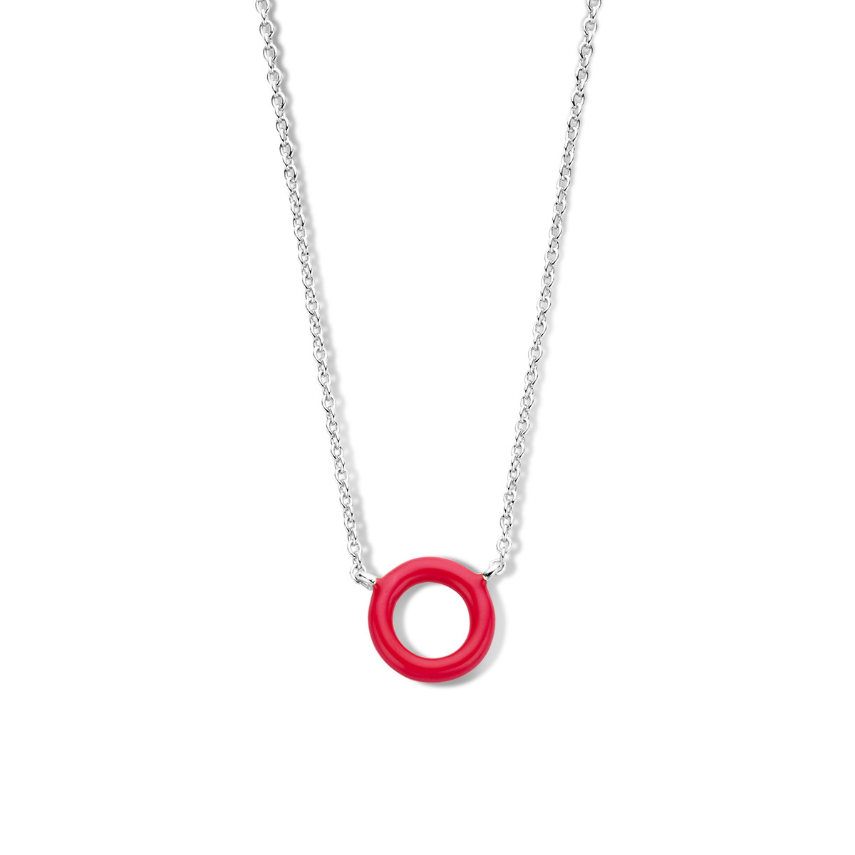 Zilveren ketting met ronde hanger in rood emaille 1 mm breed - Lengte 40-44 cm