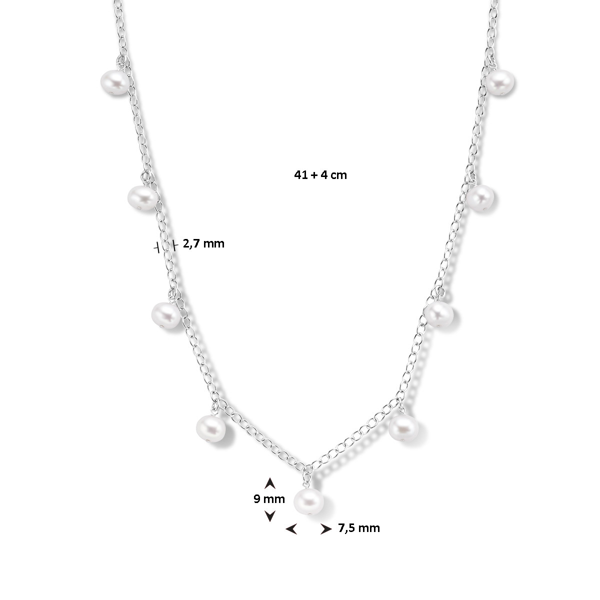 Zilveren ketting met ronde parel hangers 2.7 mm breed - Lengte 41-45 cm