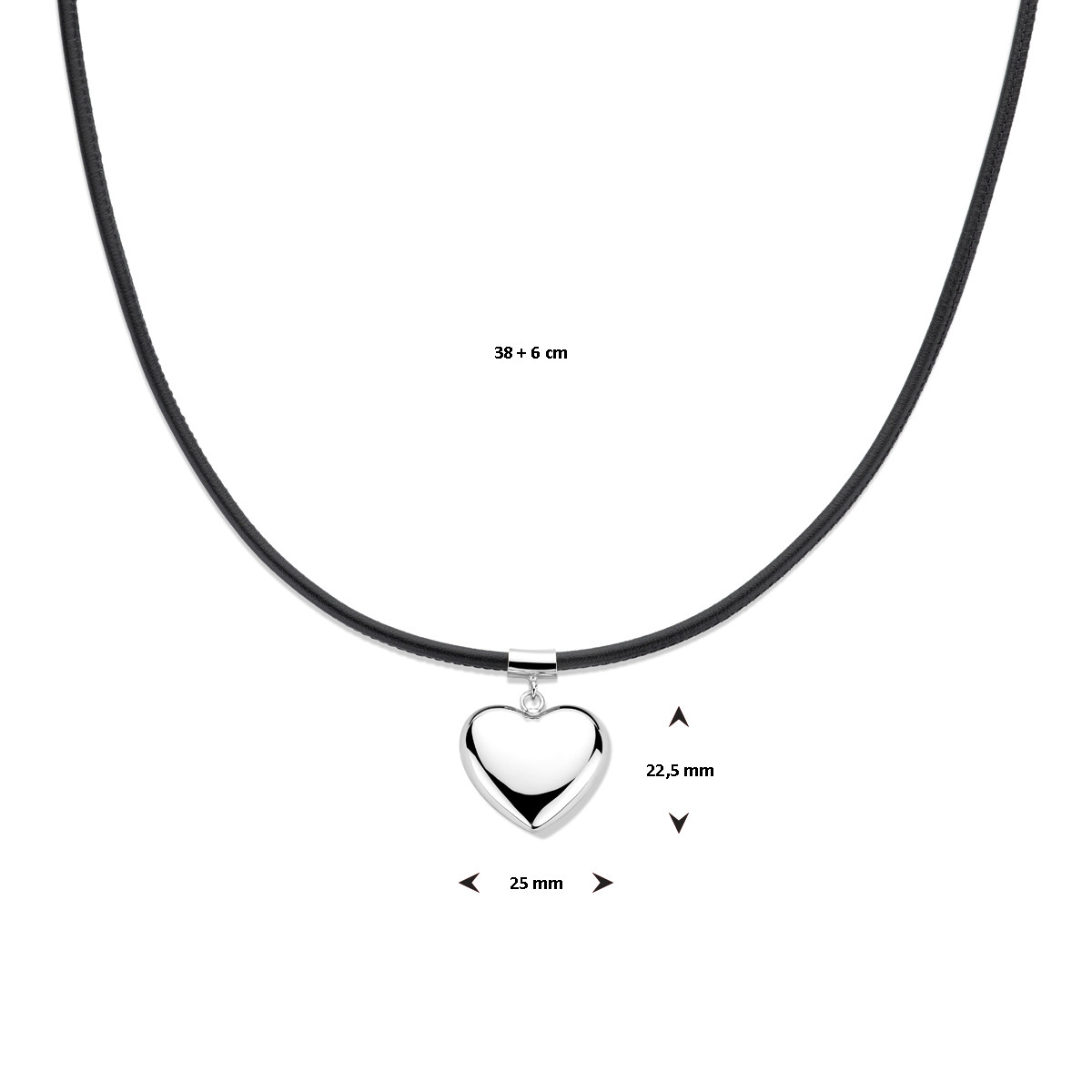 Zilveren ketting met synthetisch leer 3.5 mm en zilveren hartje - Lengte 38 cm t/m 44 cm