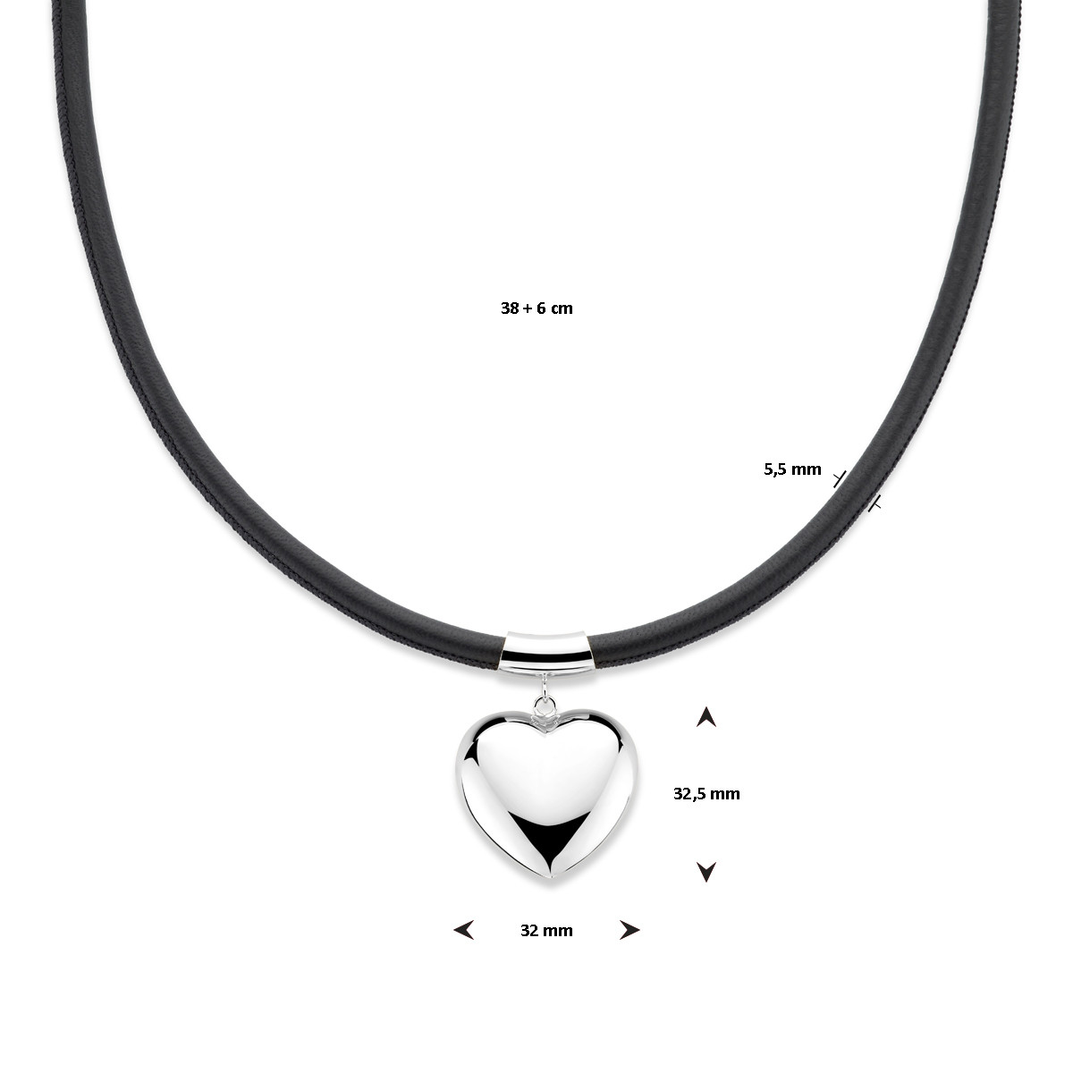 Zilveren ketting met synthetisch leer 5.5 mm en zilveren hartje - Lengte 38 cm t/m 44 cm