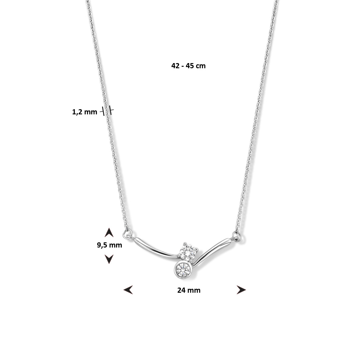 Zilveren ketting met tussenstuk en zirkonia's - Lengte 42 + 3 cm