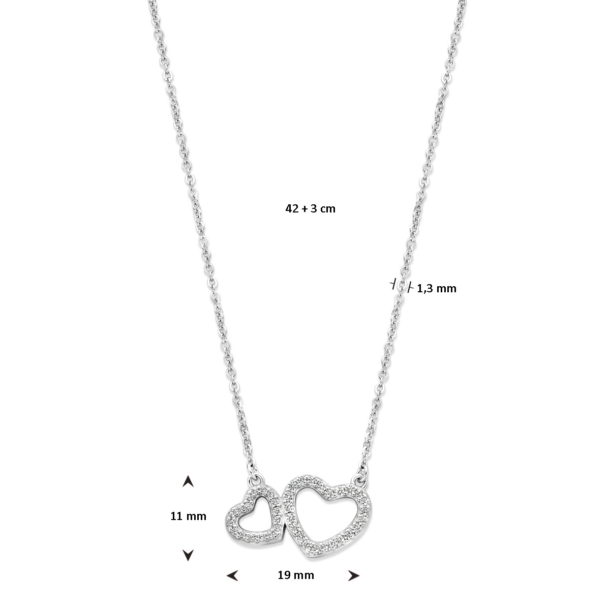 Zilveren ketting met twee zirkonia hartjes groot en klein - Lengte 42-43 cm