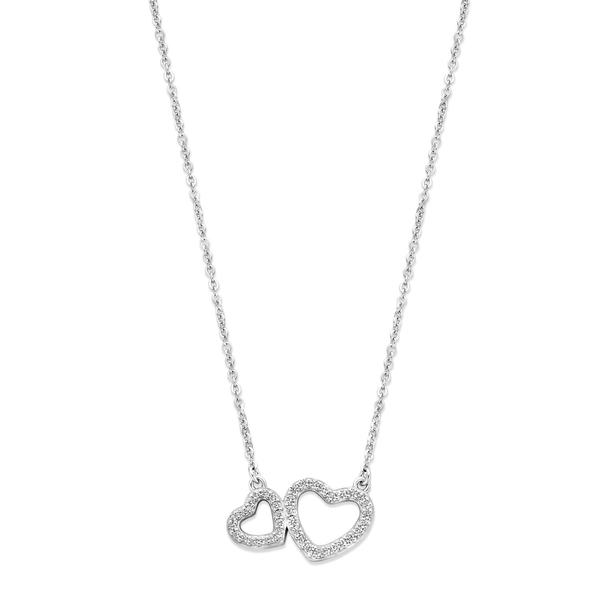 Zilveren ketting met twee zirkonia hartjes groot en klein - Lengte 42-43 cm