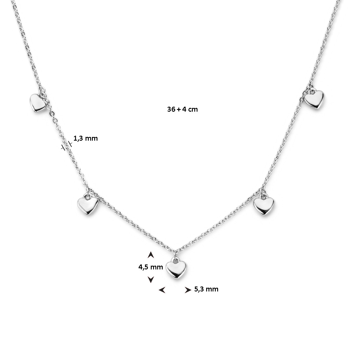 Zilveren ketting voor meisjes met vijf zilveren hartjes - Lengte 36-40 cm