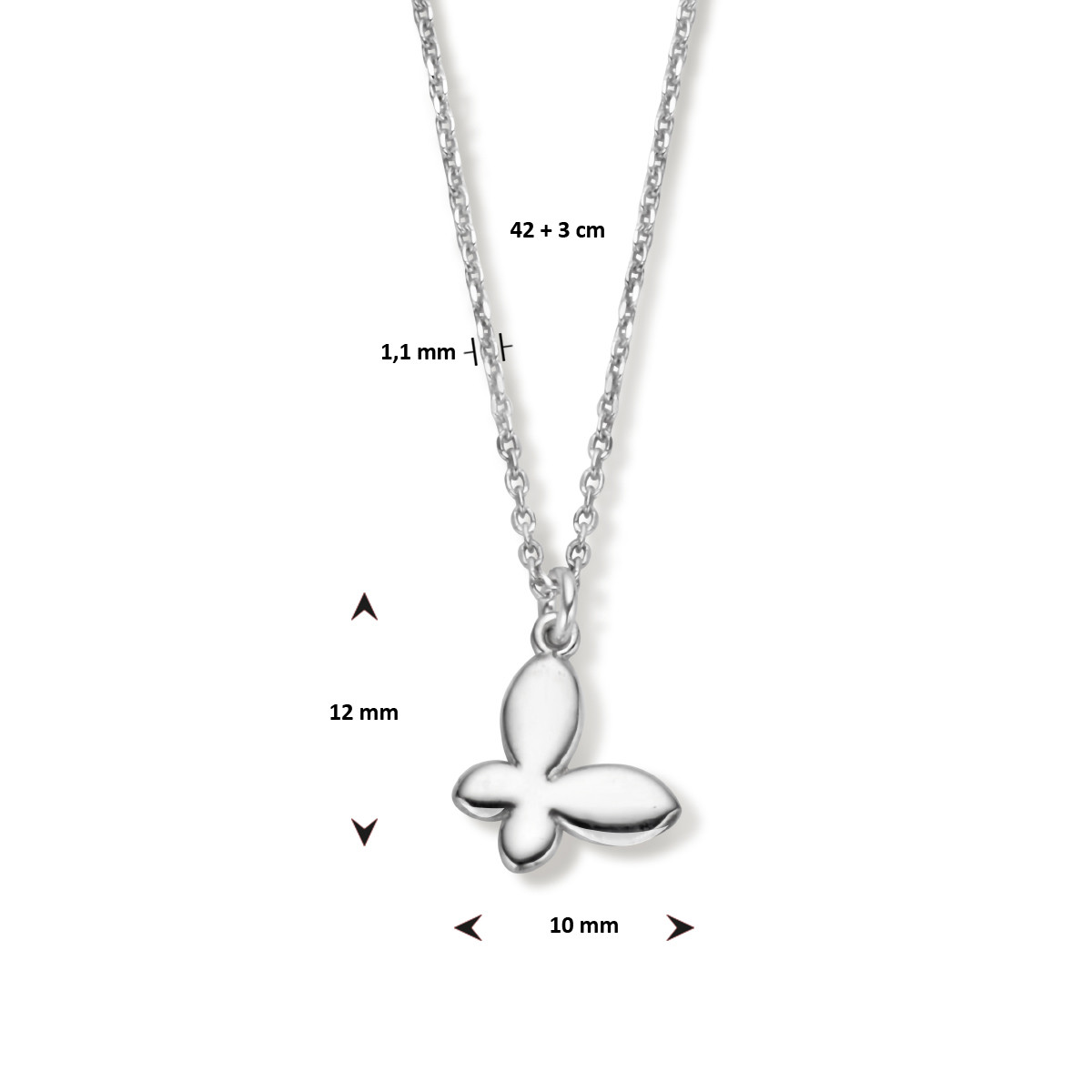 Zilveren ketting met vlinder hanger gehrodineerd 1.1 mm breed - Lengte 42-45 cm