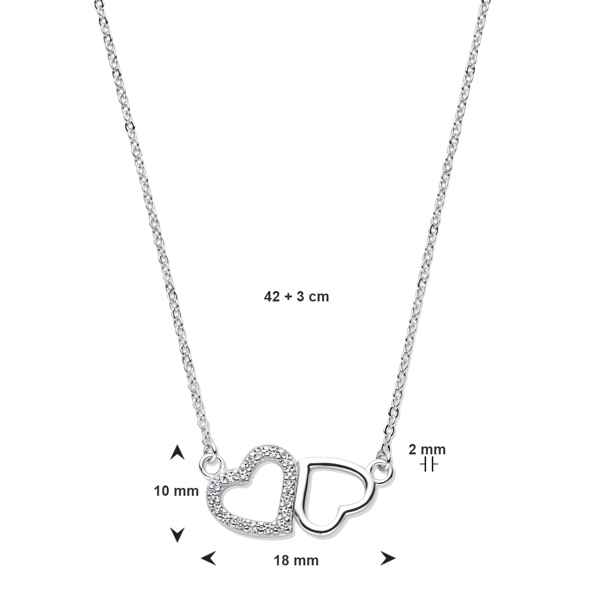Zilveren ketting met zirkonia hartje en glanzend hartje 2 mm breed - Lengte 42-45 cm