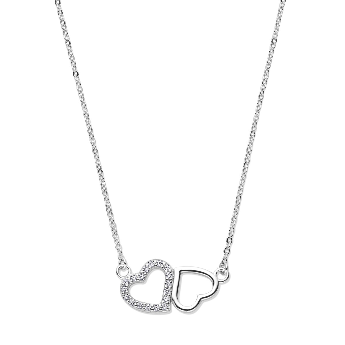 Zilveren ketting met zirkonia hartje en glanzend hartje 2 mm breed - Lengte 42-45 cm