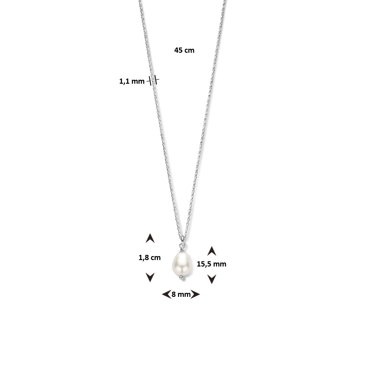 Zilveren ketting met zoetwaterparel van 15.5 mm x 8 mm - Lengte 45 cm