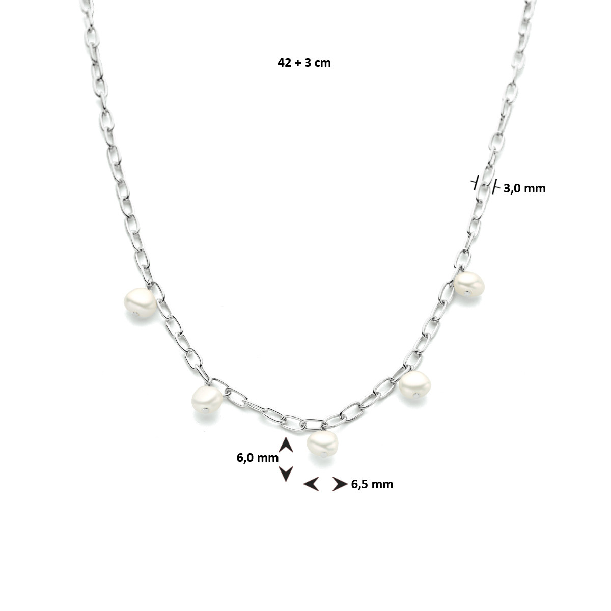 Zilveren ketting met zoetwaterparels en paperclip schakels 3 mm breed - Lengte 42-45 cm