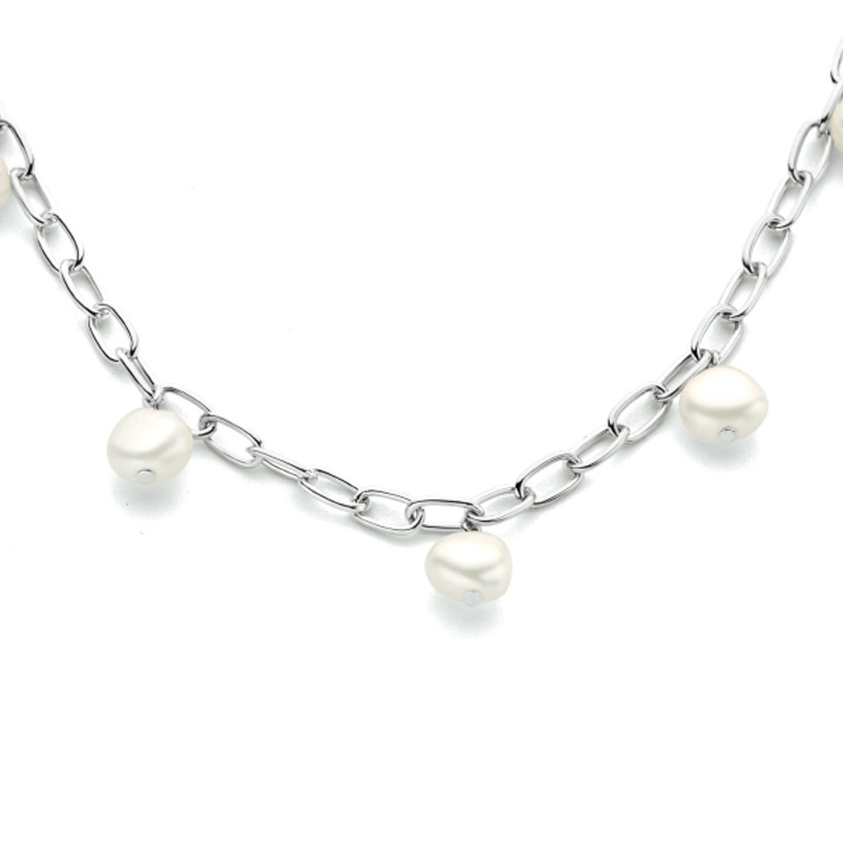 Zilveren ketting met zoetwaterparels en paperclip schakels 3 mm breed - Lengte 42-45 cm
