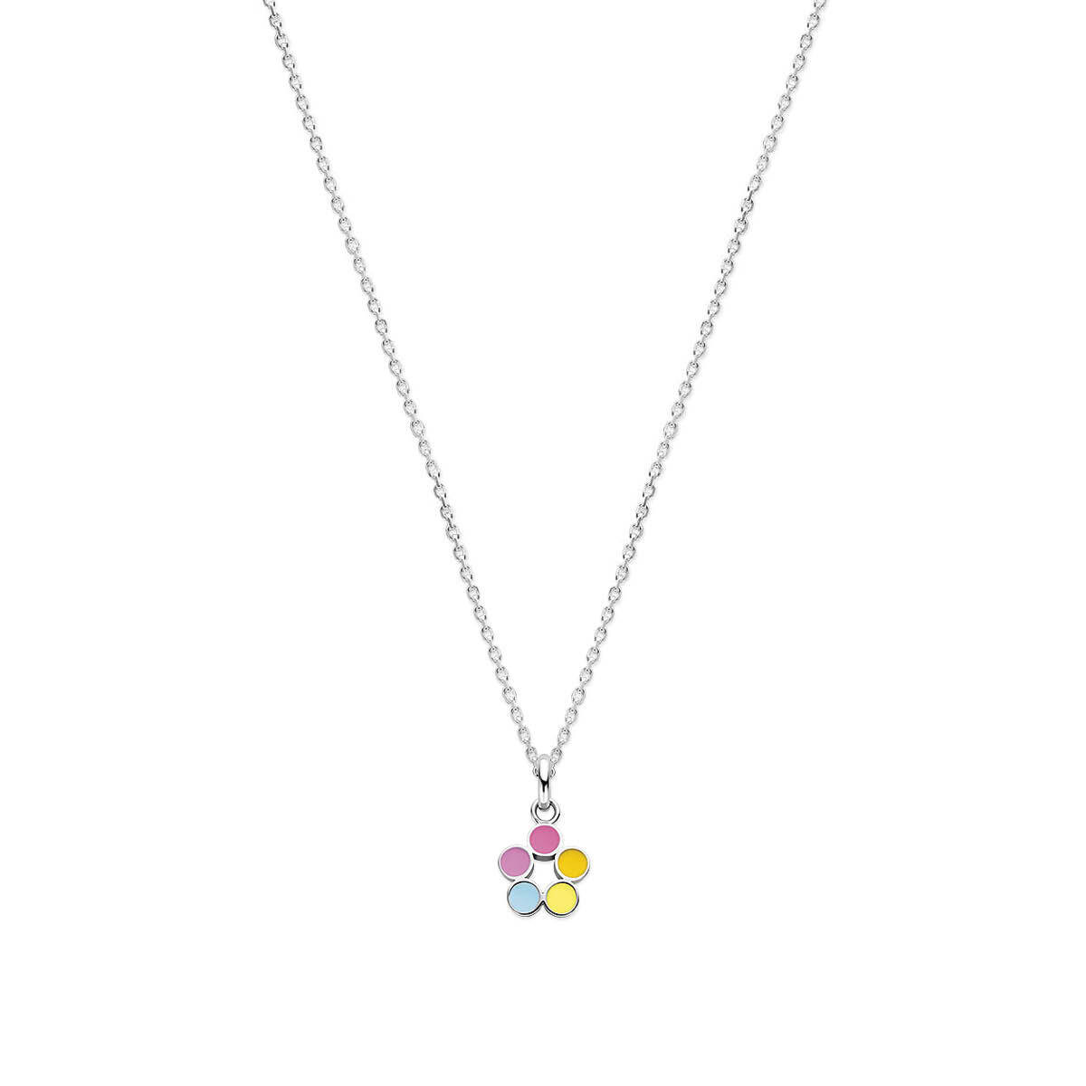 Zilveren kinder ketting met bloem hanger en kleurrijke blaadjes - Lengte 36-40 cm