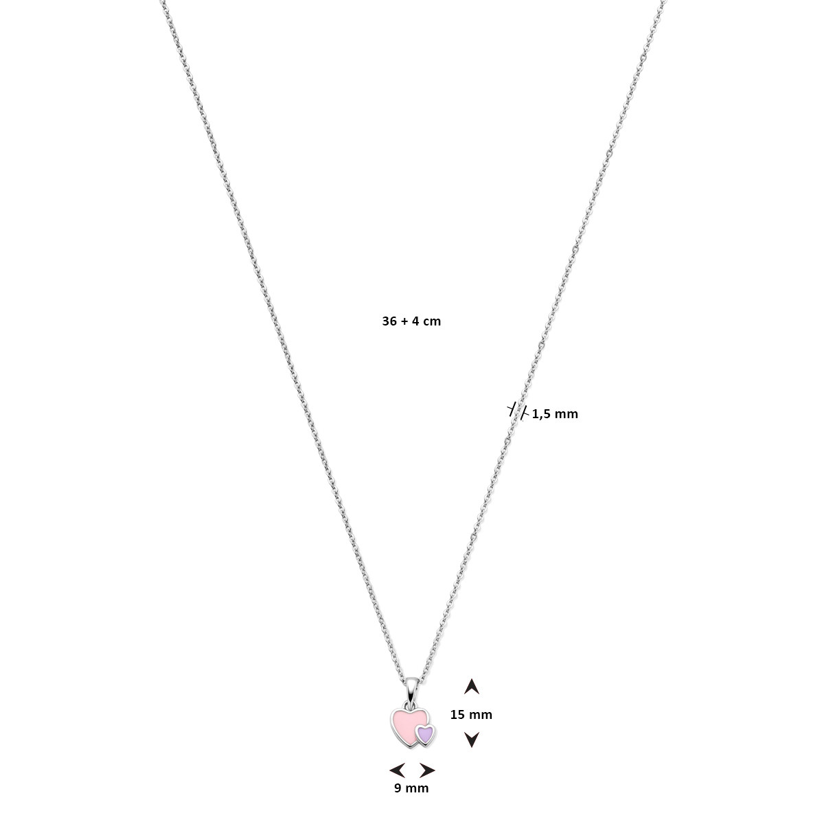 Zilveren kinder ketting met dubbele hartjes hanger roze en lila - Lengte 36-40 cm
