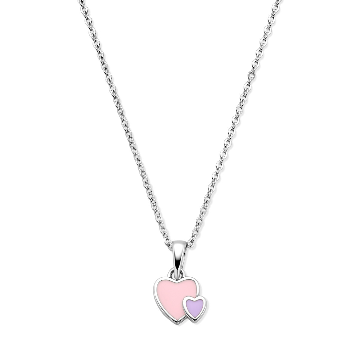 Zilveren kinder ketting met dubbele hartjes hanger roze en lila - Lengte 36-40 cm