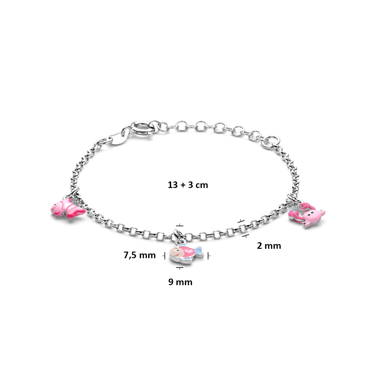 Zilveren kinderarmband met roze vissen en een krab van emaille 2 mm breed - Lengte 13-16 cm