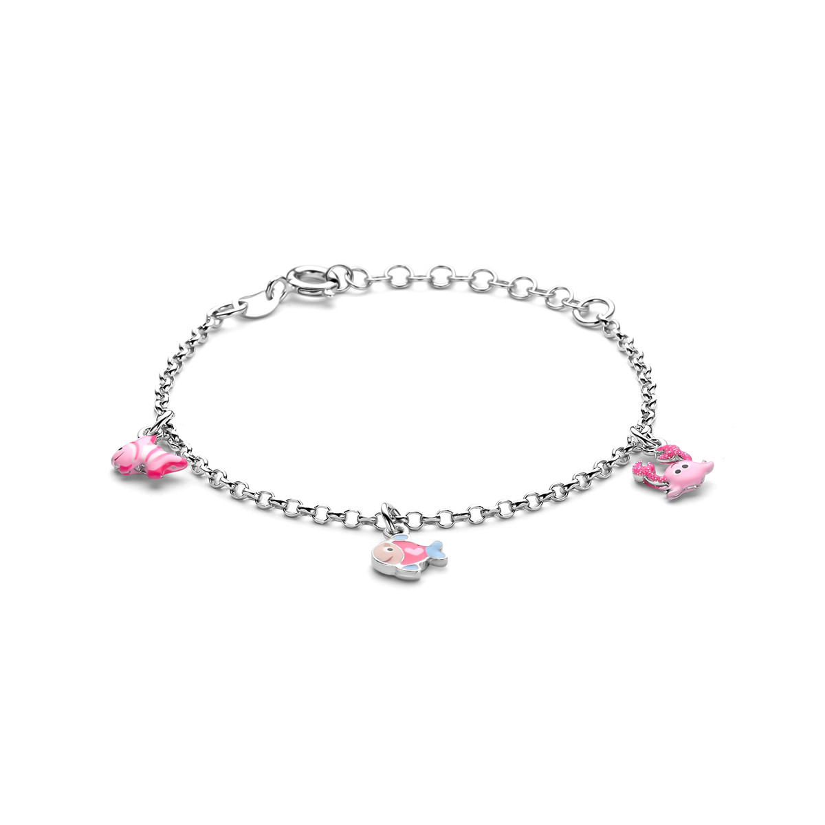 Zilveren kinderarmband met roze vissen en een krab van emaille 2 mm breed - Lengte 13-16 cm