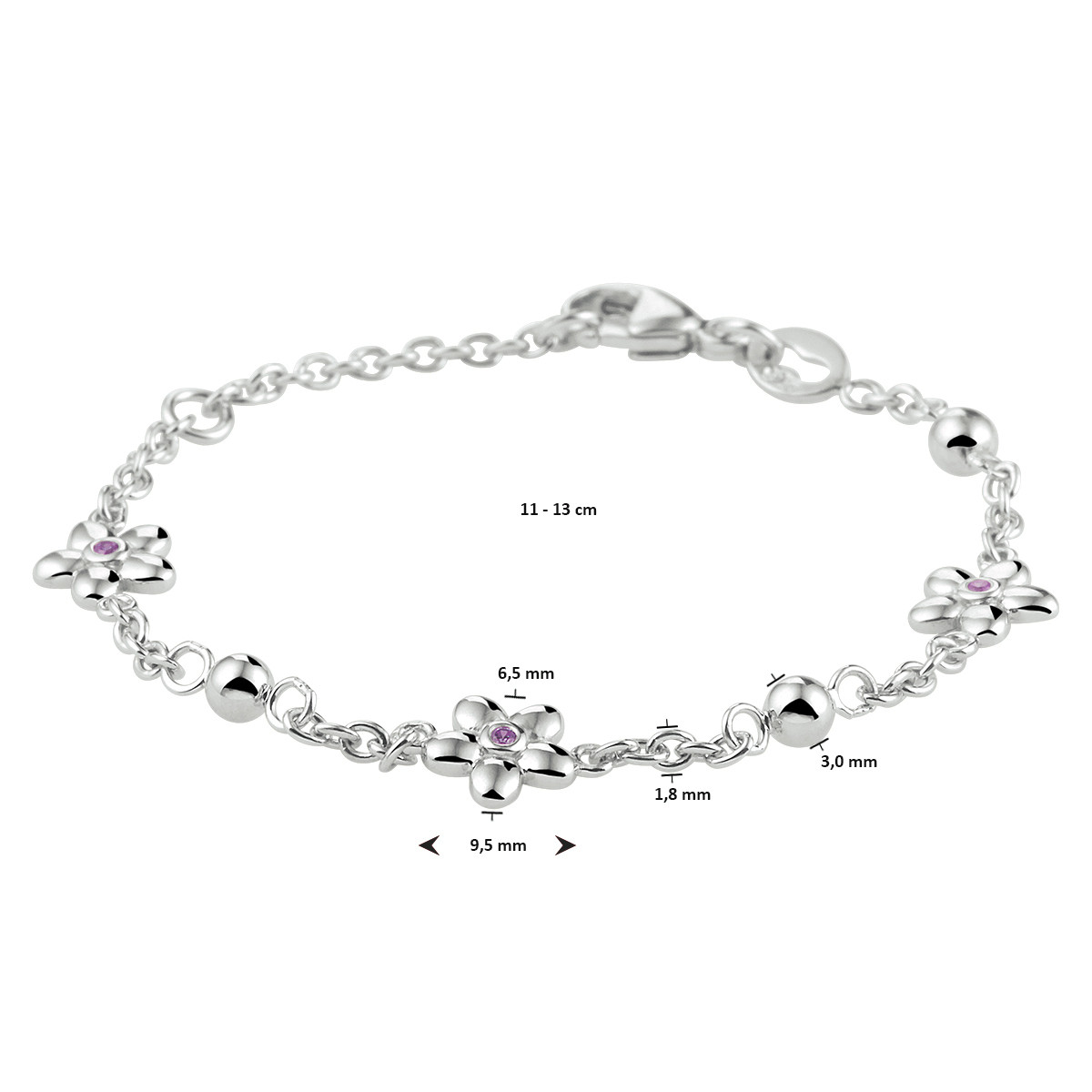 Zilveren kinderarmband met roze zirkonia bloemen 9.5 mm breed - Lengte 11-13 cm