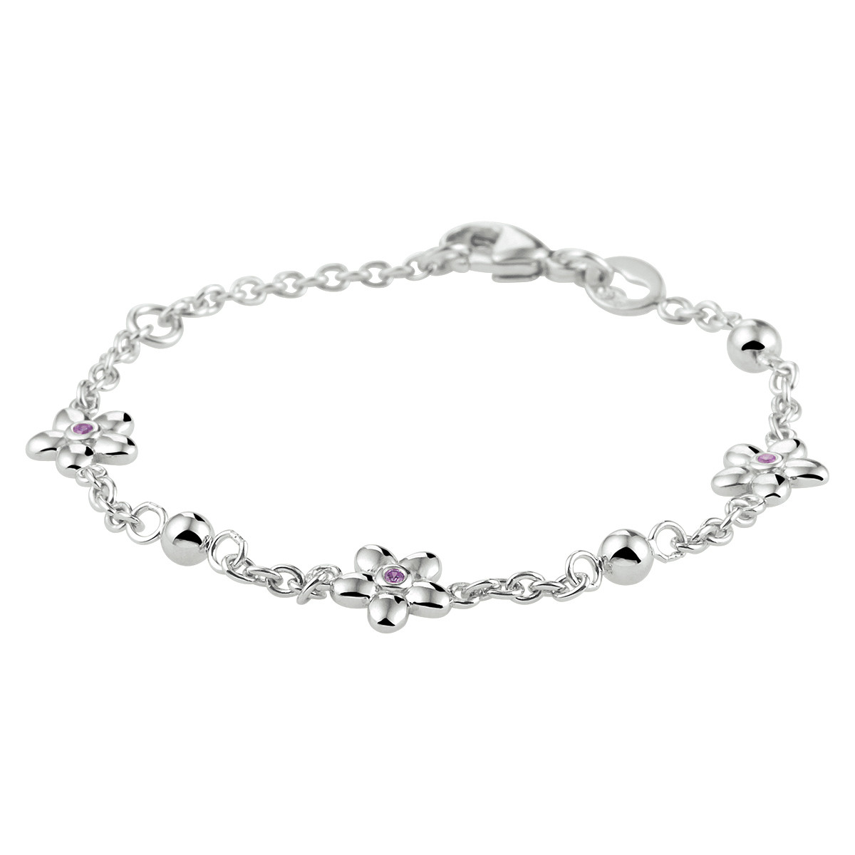 Zilveren kinderarmband met roze zirkonia bloemen 9.5 mm breed - Lengte 11-13 cm