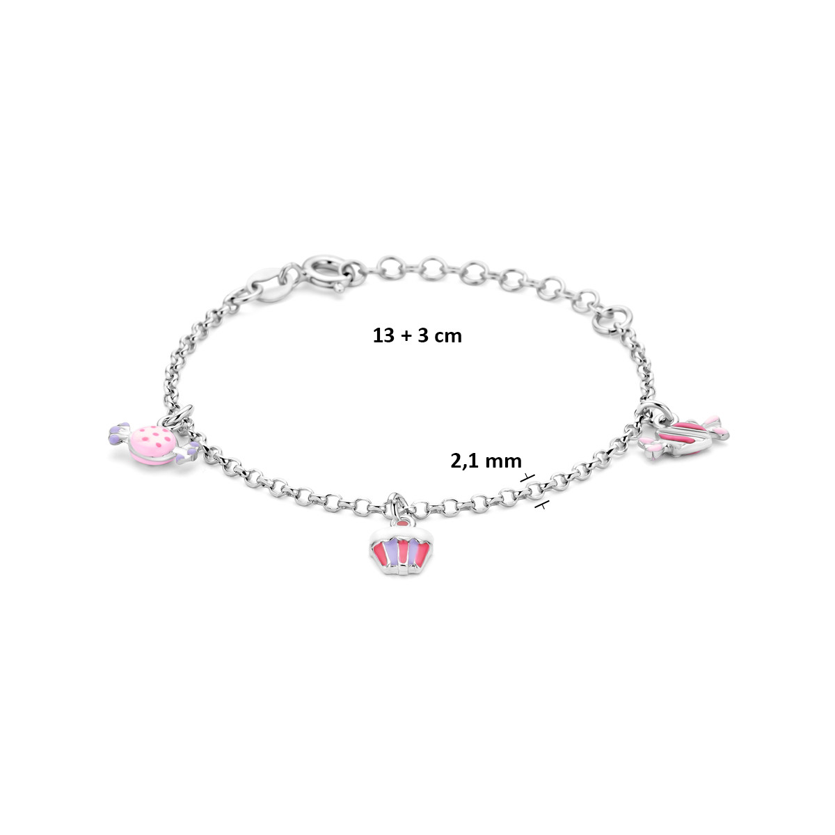 Zilveren kinderarmband met snoep- en cupcake hangers 2.1 mm breed - Lengte 13-16 cm