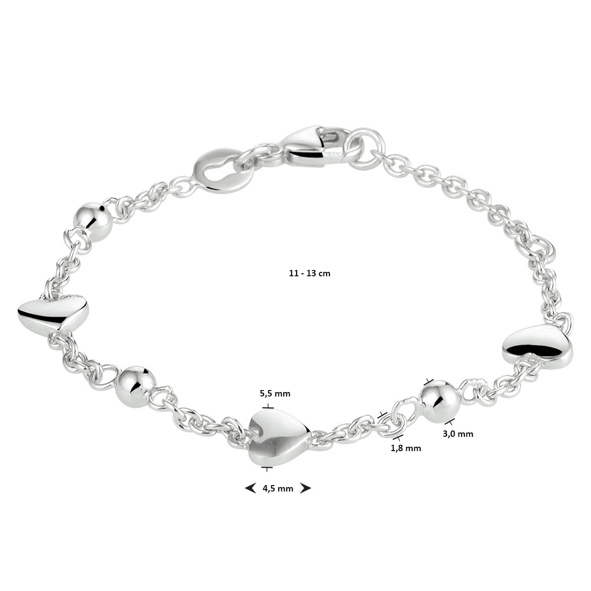 Zilveren kinderbedelarmband met hartjes en bolletjes 5.5 mm breed - Lengte 11-13 cm