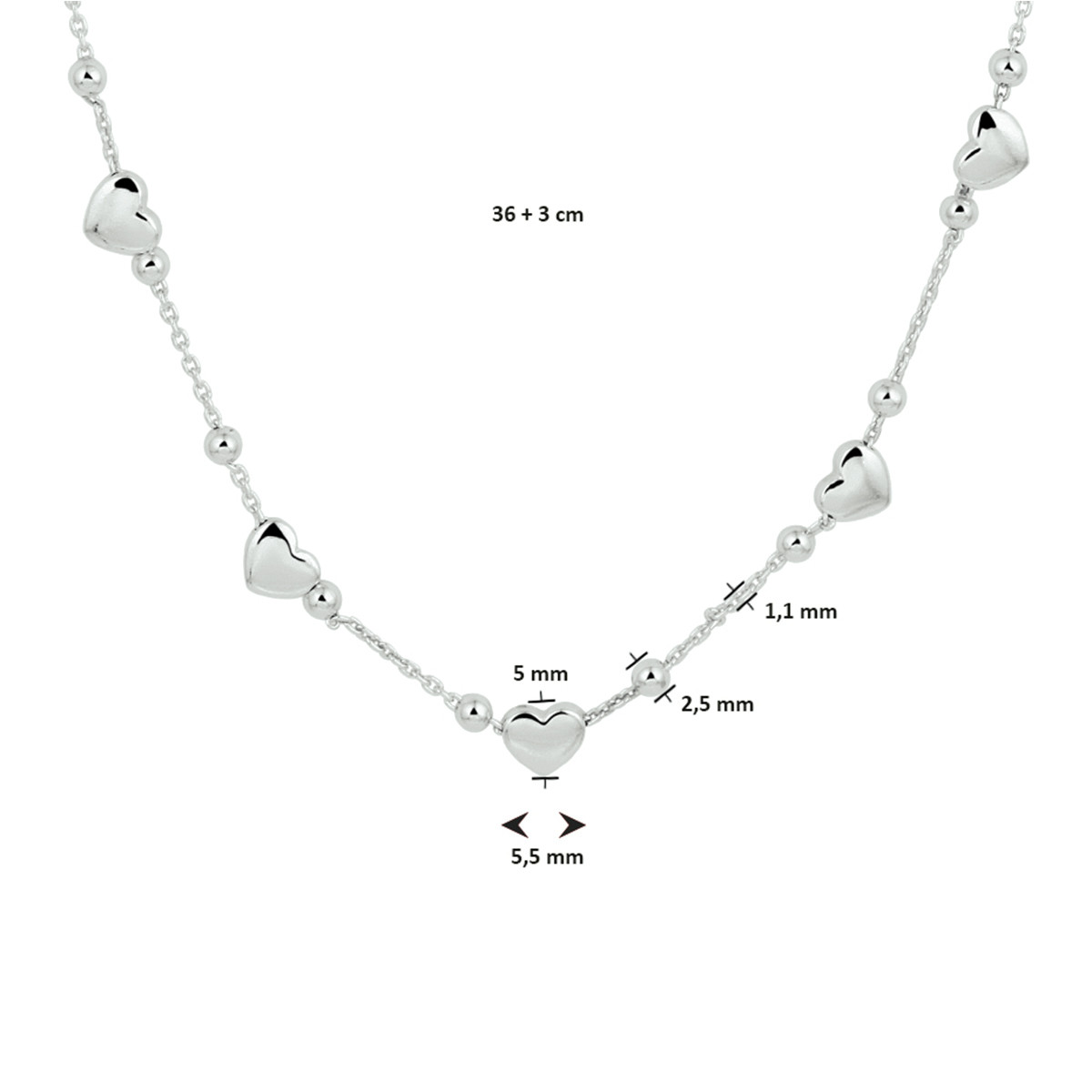 Zilveren kinderketting met hartjes en bolletjes - Lengte 36 + 3 cm