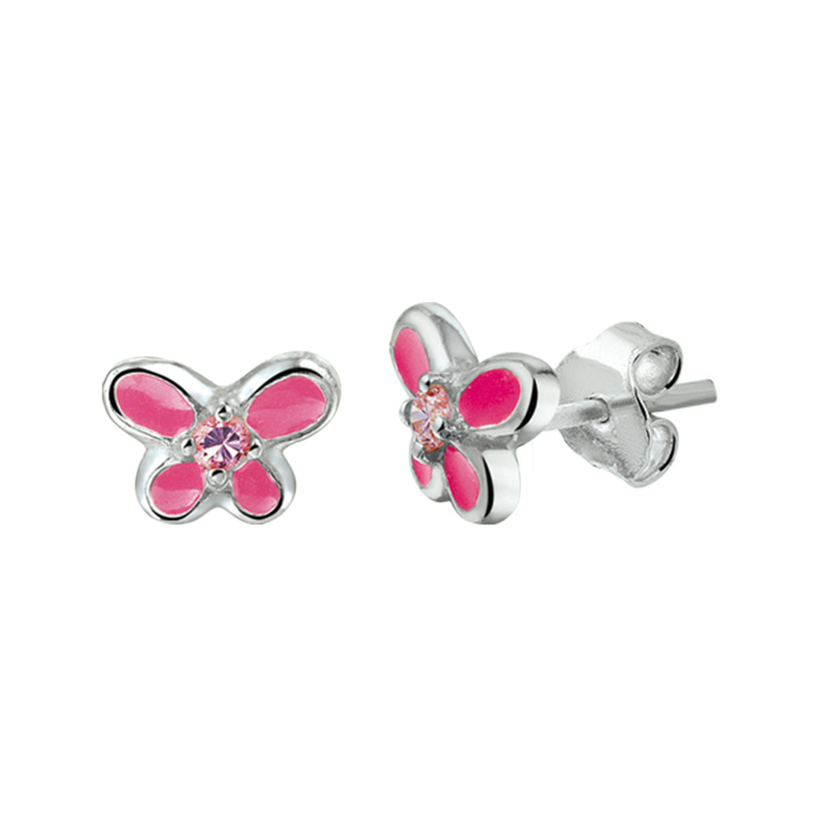 Zilveren kinderoorbellen met roze vlinder - 8 x 9 mm