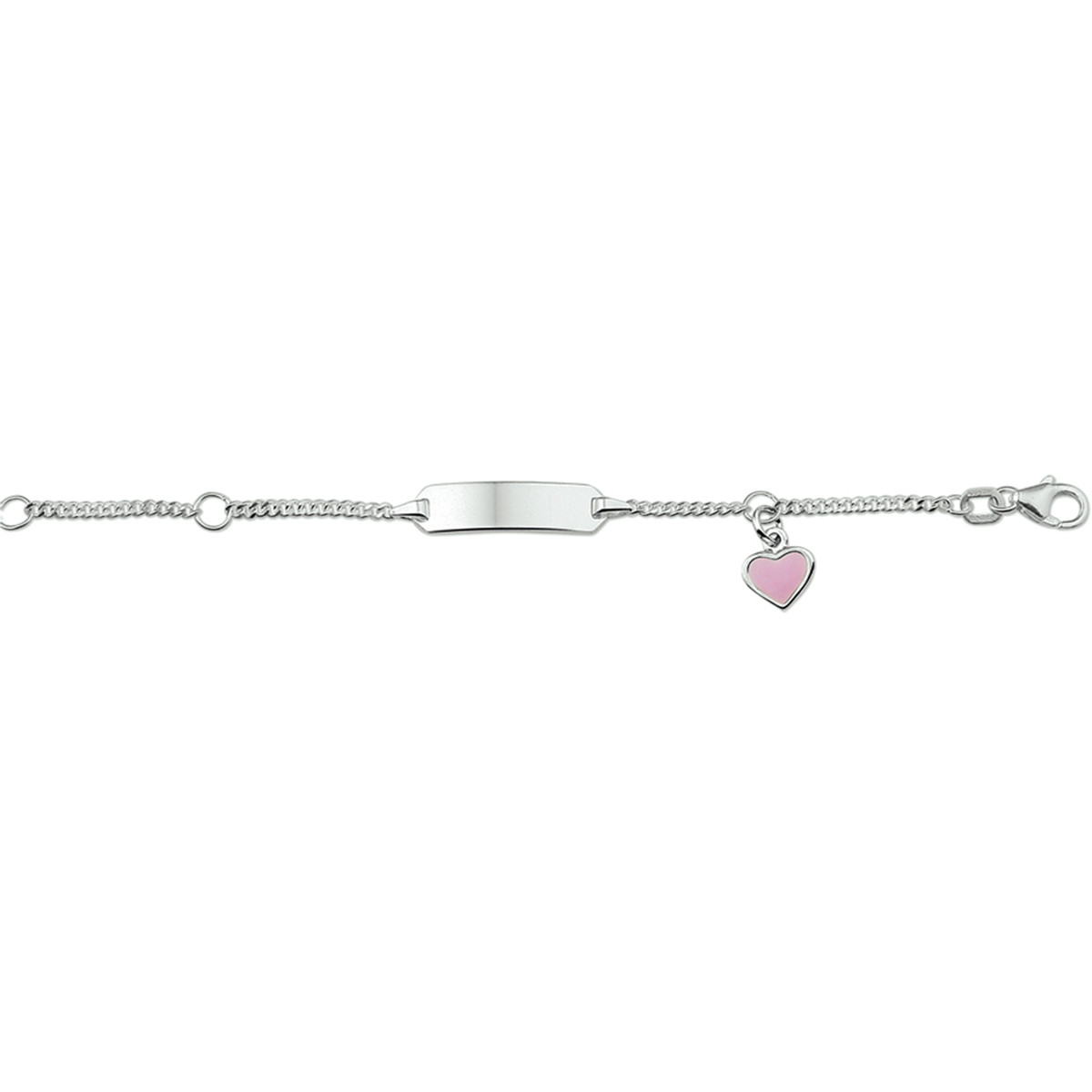 Zilveren kinderplaatarmband glanzend met roze hart 20 mm breed
