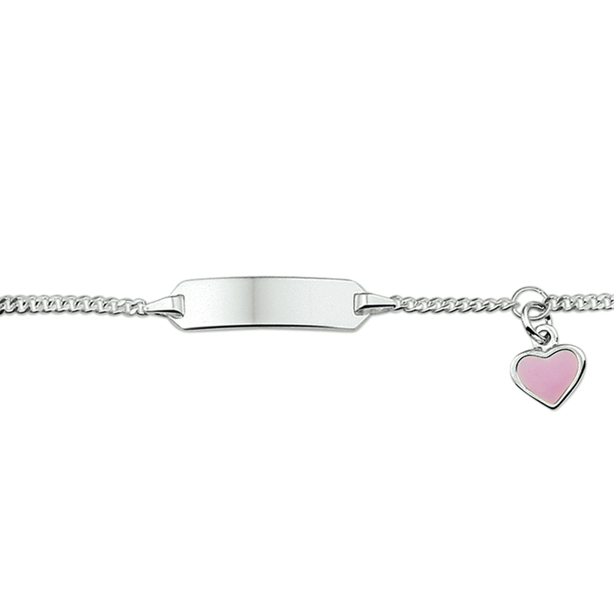 Zilveren kinderplaatarmband glanzend met roze hart 20 mm breed