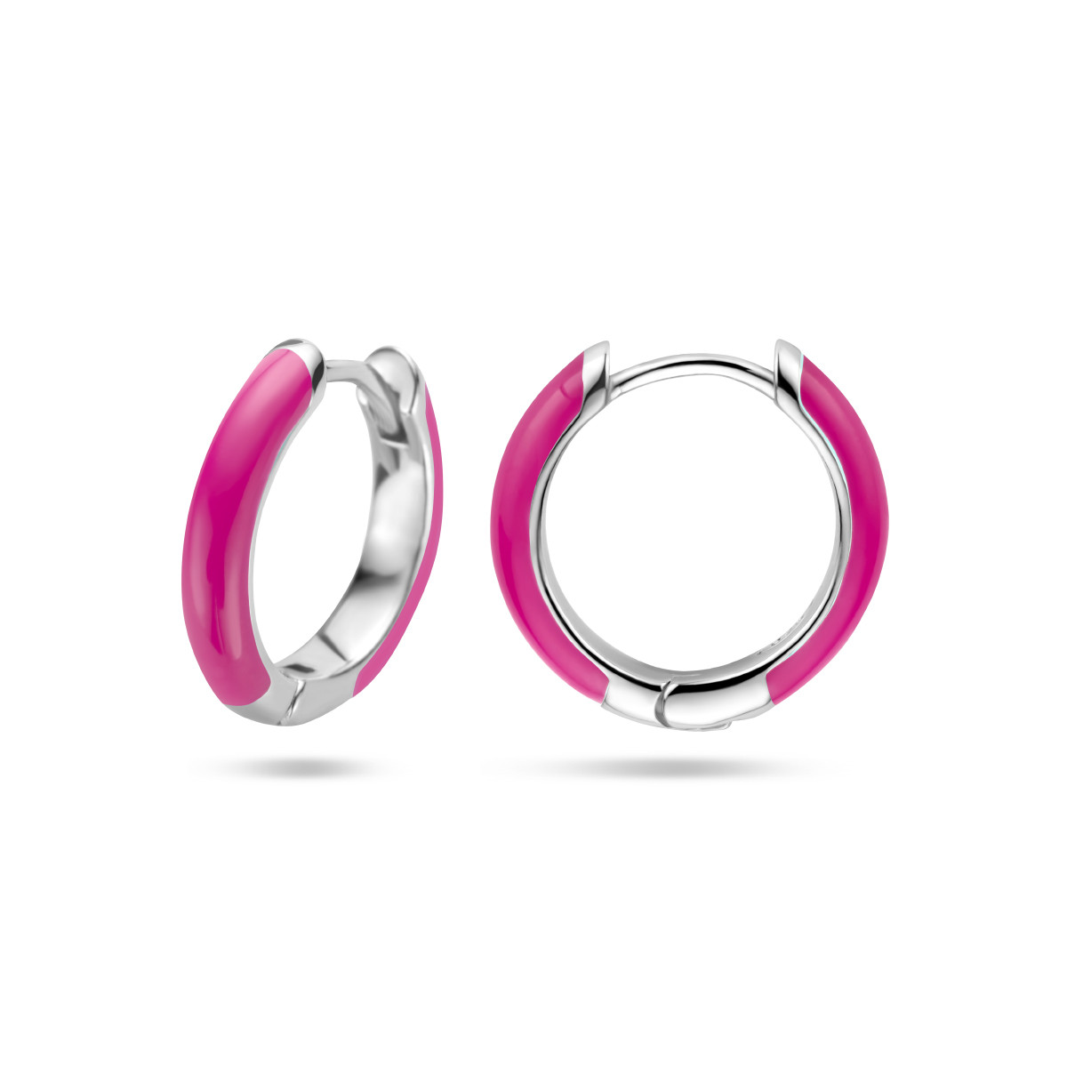 Zilveren klapcreolen met roze emaille - Diameter 14 mm