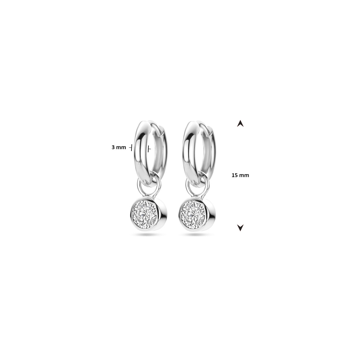 Zilveren klapoorringen 3 mm breed met losse ronde zirkonia hangers - Hoogte 15 mm