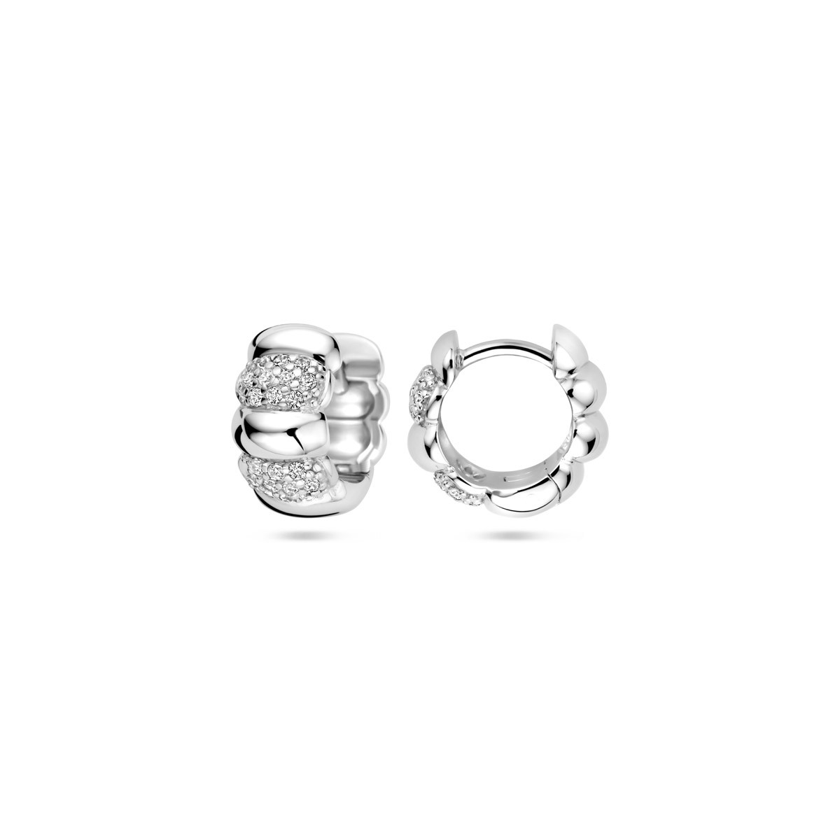 Zilveren klapoorringen met glanzende delen en zirkonia's - Diameter 11 mm