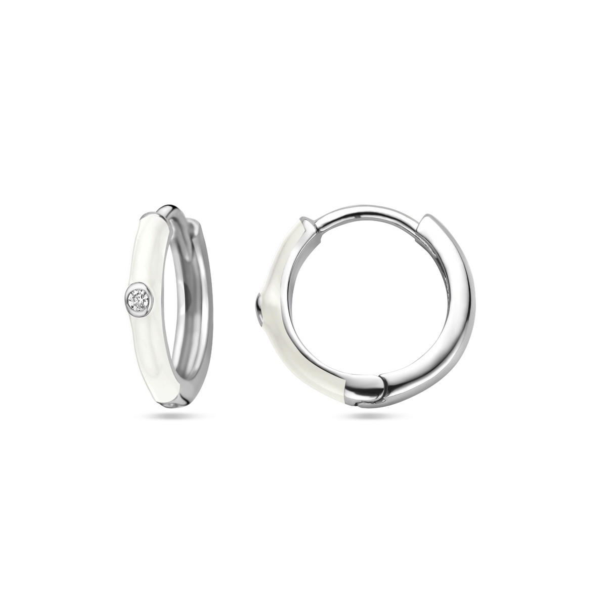 Zilveren klapoorringen met zirkonia en wit emaille 2.5 mm breed - Diameter 15 mm